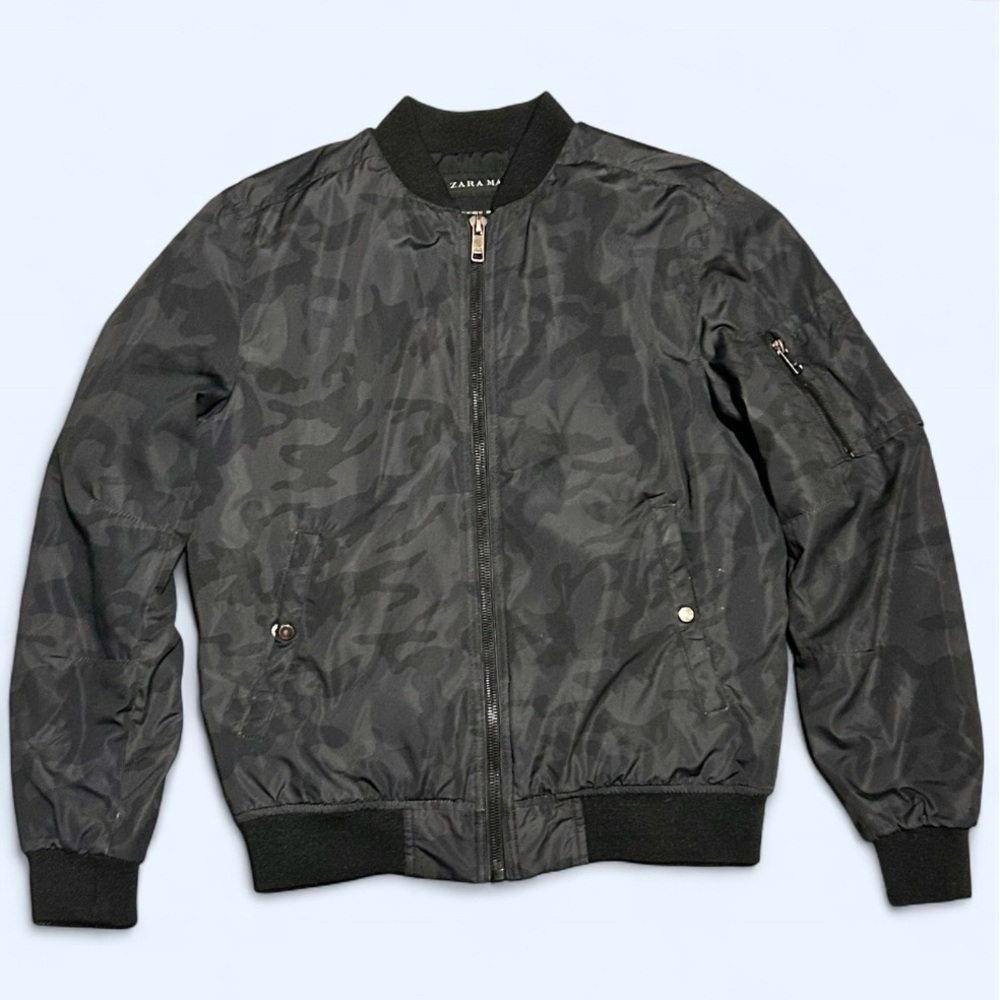 ZARA Man Bomber Jacket Men’s Size Medium, Black/Grey, Camouflage Biker Full Zip